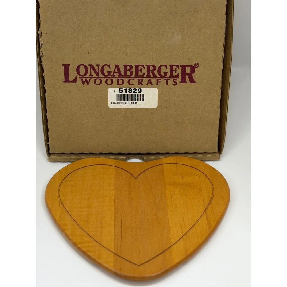 VTG Longaberger Woodcrafts Love Letters Heart Basket Lid Maple Brown 1999 NIB
